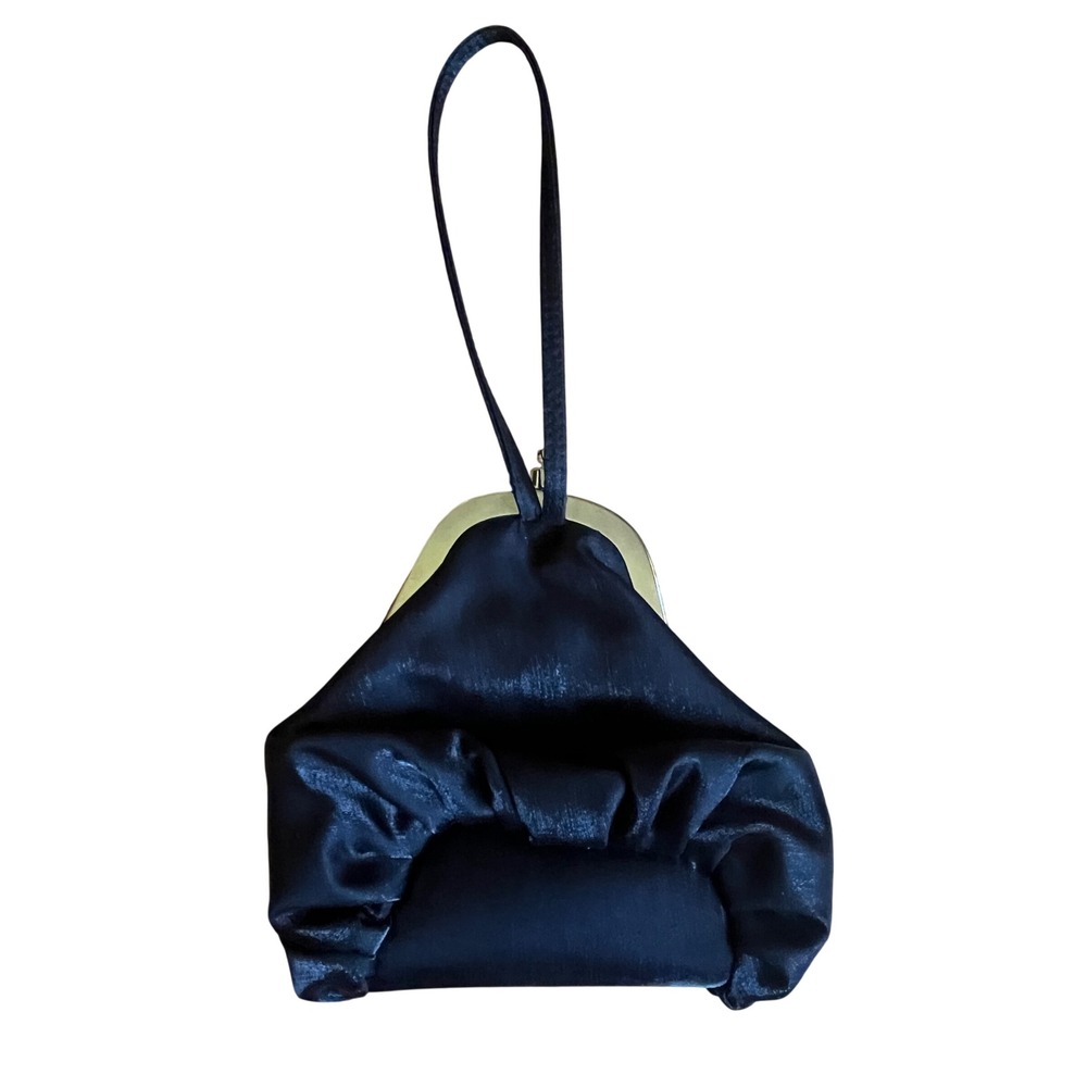 Black Satin Floral Embroidered Wristlet Evening Bag Kiss Lock Ruched Petite